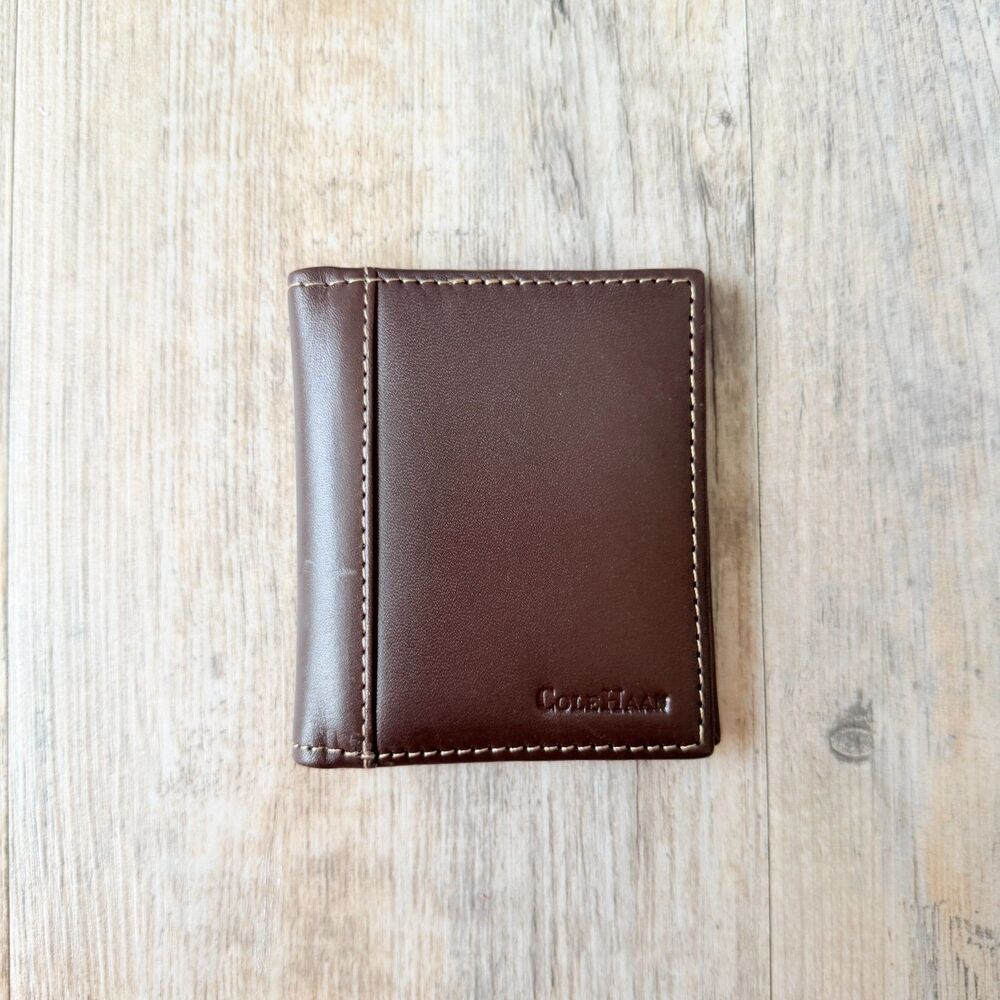 Cole Haan Brown Leather Bifold ID Wallet Double Window Card Holder Minimalist